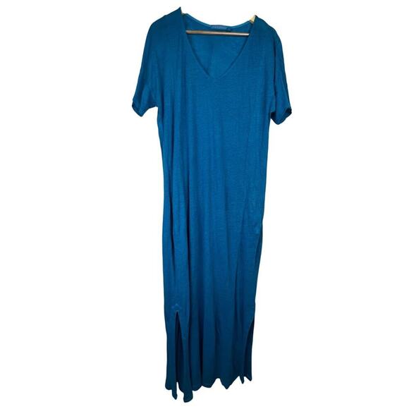 Fresh Produce 100% Linen Jersey V Neck Short Sleeve Long Blue Maxi Dress Small - Picture 1 of 12